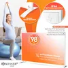 A pregnant woman is doing yoga on a stability ball, with marketing graphics for an infrared heater overlaid. Produktbild-Vorschau