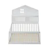 A white wooden bed frame with a house-shaped headboard and built-in shelves, shown from the front. Náhled obrázku produktu