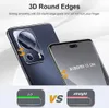Marketing image showing a phone screen protector with 3D round edges, comparing it to a straight edge protector. Produktbild-Vorschau