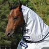 A close-up side profile of a brown horse wearing a white Bucas neck cover with blue trim and branding. Produktbild-Vorschau