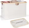 A beige laundry basket with a wooden rim, filled with clothes, and a folded base shown separately. Náhľad obrázku produktu