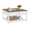 A square coffee table with a wood-grain top and white base, featuring a drawer and a shelf with decorative items. Náhled obrázku produktu