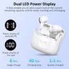A product image showcasing white wireless earbuds and their charging case, with text overlays highlighting features and battery life. Produktbild-Vorschau