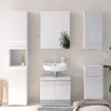 A clean, modern bathroom vanity set with a sink, mirror, and storage cabinets. Náhled obrázku produktu