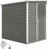 A grey metal garden shed with a white trim and a single door on a white background. A pair of white gloves and a padlock are shown in the bottom left corner. Podgląd zdjęcia produktu