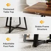 Collage of images highlighting product features: tabletop thickness, frame structure, and adjustable foot pads. Náhled obrázku produktu