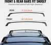 Diagram showing front and rear roof rack bars with measurements, and a view of roof racks installed on a car. Náhled obrázku produktu