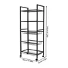 A black metal kitchen cart with multiple shelves and baskets, shown against a white background with dimensions indicated. Náhled obrázku produktu