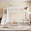 A white bunk bed with a slide, ladder, and guardrails, set up in a room with a neutral-colored wall and rug. Produktbild-Vorschau