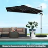 An outdoor patio scene with a sofa, coffee table, plant, and a large black cantilever umbrella next to a swimming pool. Náhled obrázku produktu