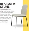 A designer chair with text describing its features and benefits. Produktbild-Vorschau