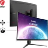 A curved MSI gaming monitor is shown from the front and back, with graphical icons indicating features. Produktbild-Vorschau