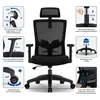A black ergonomic office chair with various features highlighted by text and diagrams. Produktbild-Vorschau