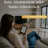 A woman is sitting on a couch, holding an e-reader. The image has marketing text overlayed. Produktbild-Vorschau