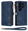 A blue wallet-style phone case with a zipper and a wrist strap is shown. Produktbild-Vorschau