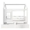 A white wooden children's bed with a house-like frame and two drawers underneath, shown from the front. Voir les images du produit