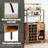 A kitchen cabinet with a wine rack and glass holders, featuring a rustic industrial design. The image includes close-ups of its features like the middle steel leg with foot pads and an anti-toppling design. Podgląd zdjęcia produktu