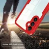 A person's legs are blurred in the background, running on a road. A red and clear phone case is in the foreground, with debris falling around it. Produktbild-Vorschau