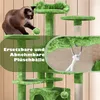 A cat playing on a green cat tree with text overlays highlighting features. Podgląd zdjęcia produktu