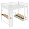 A white metal loft bed with two desks and storage drawers underneath. Produktbild-Vorschau