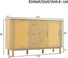 A diagram showing the dimensions of a wooden sideboard with rattan doors. Voir les images du produit