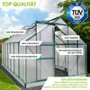 A green aluminum greenhouse with text overlays highlighting its features and a TÜV certification badge. Produktbild-Vorschau