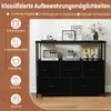 A black fabric drawer dresser with a wooden top shelf, displaying various items like books, a radio, and decorative items. The left side features icons and text describing storage possibilities. Anteprima dell’immagine prodotto