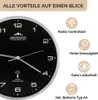 A close-up of a black analog wall clock with silver hands and numbers, set against a white and light beige background. Text and icons describing the clock's features are displayed to the right. Anteprima dell’immagine prodotto