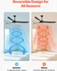The image shows a black ceiling fan in two modes: summer and winter. The summer mode shows blue airflow circulating downwards, and the winter mode shows red airflow circulating upwards. Anteprima dell’immagine prodotto