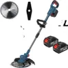 A cordless grass trimmer with accessories, including two batteries and two cutting blades, displayed against a white background. Produktbild-Vorschau