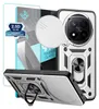 A product shot showcasing a phone case and screen protector with various marketing elements. Produktbild-Vorschau