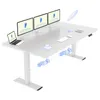 A white adjustable standing desk with three monitors, a laptop, a coffee cup, and a mouse. Blue wireframe diagrams illustrate the desk's motors and lifting mechanism. Produktbild-Vorschau