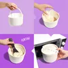 A collage of four images showing the steps to prepare rice in a microwave cooker. Produktbild-Vorschau