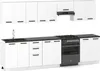 A modern white kitchen unit with a black countertop, sink, faucet, and stove. Náhled obrázku produktu