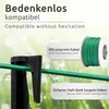Close-up of green boundary wire and black stakes for a robotic lawnmower, with text overlays highlighting compatibility and secure hold. Podgląd zdjęcia produktu
