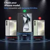 Three Samsung phones are displayed on pedestals, with compatibility indicators above them. Produktbild-Vorschau