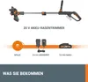 An image showing a cordless trimmer, a spool of trimmer line, a charger, and a battery pack, with accompanying text in German. Produktbild-Vorschau