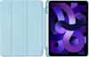 A light blue tablet case is open, revealing a tablet with a purple abstract design on its screen. A stylus is attached to the side of the case. Náhľad obrázku produktu