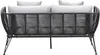 A back view of a modern outdoor sofa with woven rope detailing and light gray cushions. Produktbild-Vorschau