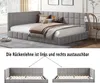 A corner sofa bed with pillows and a blanket, shown in a bedroom setting. Below, two diagrams illustrate the interchangeable backrest. Náhled obrázku produktu