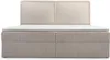 A front view of a boxspring bed with a cream-colored corduroy fabric. Produktbild-Vorschau