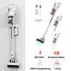 A collage of images showcasing a white cordless vacuum cleaner and its features, with text overlays describing its specifications. Produktbild-Vorschau
