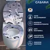 A toilet seat and lid with a water drop design, displayed on a toilet. The right side of the image contains marketing information with icons and text. Anteprima dell’immagine prodotto