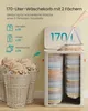 A person's hand is shown opening the lid of a laundry basket with two compartments, revealing folded laundry inside. The basket is placed next to other laundry baskets filled with clothes. Text overlays describe the product's capacity and features. Produktbild-Vorschau