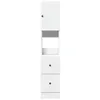 A white tall cabinet with a door on top, an open shelf in the middle, and two drawers at the bottom, shown against a white background. Produktbild-Vorschau