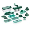 A collection of kitchen tools for cutting and slicing vegetables, arranged on a white background. Produktbild-Vorschau