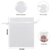 A collage of images showing a white organza drawstring bag, its features, and dimensions. Produktbild-Vorschau