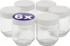 A set of six empty glass jars with white lids. Produktbild-Vorschau