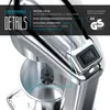 Close-up of a silver electric drink mixer with text overlays detailing its features. Produktbild-Vorschau