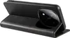 A black leather flip case for a smartphone is shown from a side angle, with the phone partially inserted and the cover folded back to act as a stand. Produktbild-Vorschau